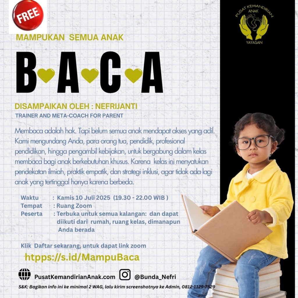 Poster webinar gratis YPKA tentang strategi membaca anak berkebutuhan khusus, 10 Juli 2025